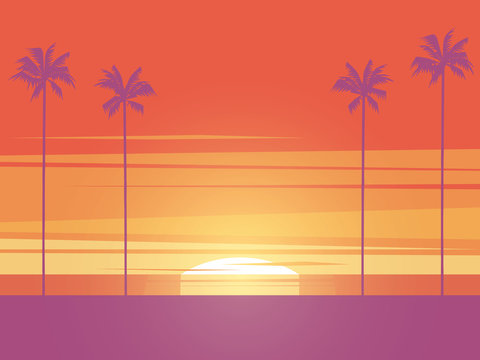 Beach sunset vector concept with palm trees. Symbol of summer holiday, vacation, recreation, relaxation. Seascape and tourism poster.