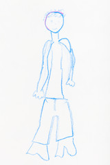 naive sketch of boy hand drawn by blue pencil