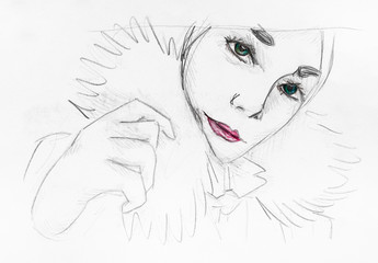 portrait of white clown with green eyes by pencils