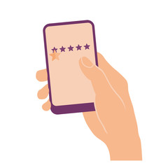 Hand holding and pointing on mobile phone with a star on screen. Service rating. Flat design isolated on white.