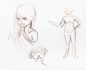 sketches of heads, faces and figure of girls