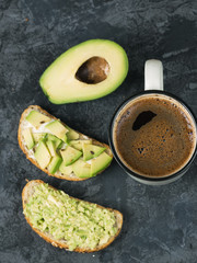 Avocado sandwiches and a Cup of coffee for Breakfast