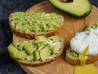 Avocado sandwich for Breakfast and a Cup of coffee. Sliced avocado with cottage cheese and egg