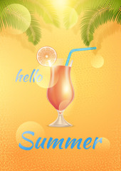 Hello Summer banner, poster with a cocktail and palm branch. Happy bright summer season concept in yellow background. Vector Stock Illustration.