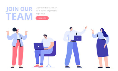 Creative team characters.  Join our team concept. Discussion people. Team thinking and talking. Flat vector illustration.	