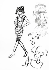 sketches of walking girl and female faces by ink