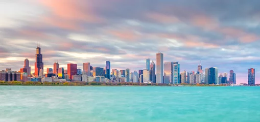 Crédence de cuisine en verre imprimé Pool Horizon du centre-ville de Chicago au coucher du soleil dans l& 39 Illinois