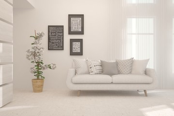 Stylish room in white color with sofa. Scandinavian interior design. 3D illustration