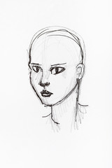 bald female head hand drawn by black ink