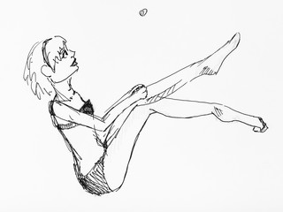 jumping woman in swimsuit hand drawn by black ink