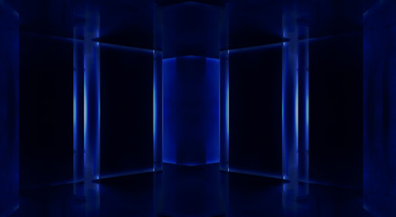 Concept of dark night tunnel, room and blue neon light. Abstract tunnel, stairs up, dark background with blue light rays. 3D illustration