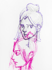 sketches of female heads with bun hairstyle