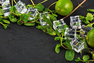 Mojito, cocktails copy space Mint lime ice rum soda tequila 
