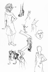 sketches of figures, hands, legs by black ink