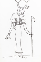 ancient egyptian goddess hand drawn by black ink