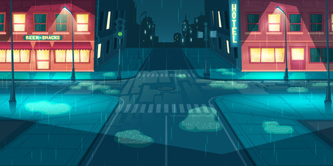 Wet and rainy weather in night city or town cartoon vector with hotel, bar or pub illuminated facades on empty roads intersection, paddles on sidewalks, working street and traffic lights illustration