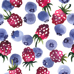 Watercolor blueberries and raspberries. Seamless hand painted pattern - 267569739