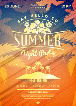 Summer night party flyer or poster. Vector design template with colorful abstract background