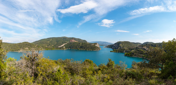 View of the Shrine of Torreciudad from El Grado dam, Aragon, Spain