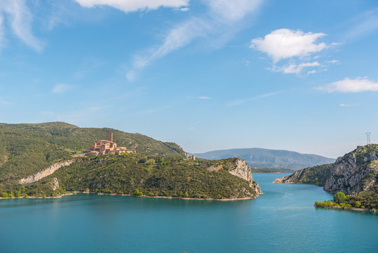 View of the Shrine of Torreciudad from El Grado dam, Aragon, Spain