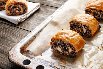 Crispy freshly baked cookies with poppy seeds on a baking tray.