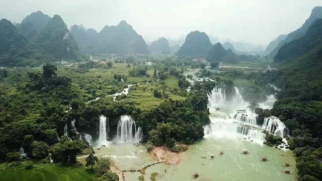 Ban Gioc Detian waterfall on China and Vietnam border aerial footage