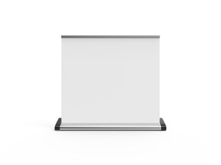 White wide blank roll-up banner mockup on isolated white background, showcase your design and layouts for exhibition or presentation, 3d illustration