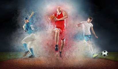 Fototapeta na wymiar Collage of team sport players in action around color splash drop