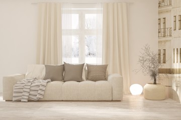 Fototapeta premium Stylish room in white color with sofa. Scandinavian interior design. 3D illustration