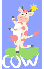 Cute happy cow with golden bell having fun, funny farm animal cartoon character