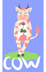 Cute happy cow with golden bell having fun, funny farm animal cartoon character