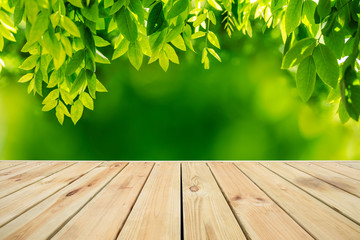 Naklejka na ściany i meble Empty wood plank table top with park green nature background