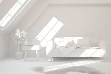 Mock up of stylish room in white color with sofa. Scandinavian interior design. 3D illustration