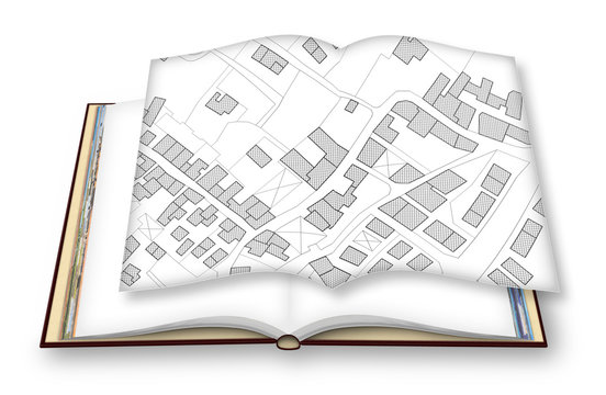 Hand drawing an imaginary cadastral map of territory with buildings and roads - 3D render concept image of an opened photo bookcopyright owner of the images used in this 3D render
