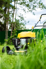 Lawn mower on green grass, against a background of trees and a fence, in the yard.