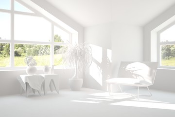 Mock up of stylish room in white color with armchair. Scandinavian interior design. 3D illustration