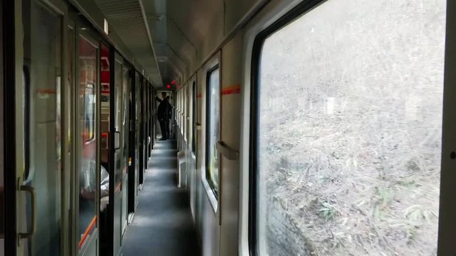 The inside of a train traveling from Belgrade, Serbia to Bar, Montenegro.