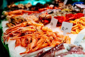 Fresh langoustines on fish market
