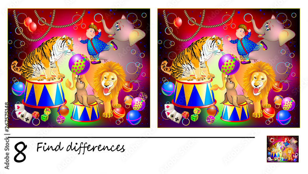 Wall mural logic puzzle game for children. need to find 8 differences. circus performance with animals. printab