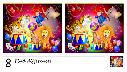 Logic puzzle game for children. Need to find 8 differences. Circus performance with animals. Printable page for baby brain-teaser book or kids magazine publishing. Developing skills for counting.