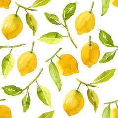 Seamless lemon pattern on white background. Hand painted watercolor lemons