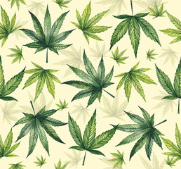 Watercolor pattern of cannabis leaves on a yellow background. Beautiful print for fabric and background.