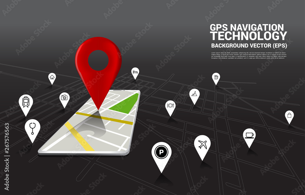 Poster 3d gps pin marker and map in mobile phone application. concept of location and facility place , gps 