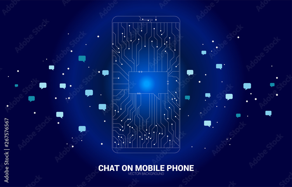 Aufkleber Vector chat bubble on mobile phone from dot connect line circuit board style. concept of communication network and chat bot technology.