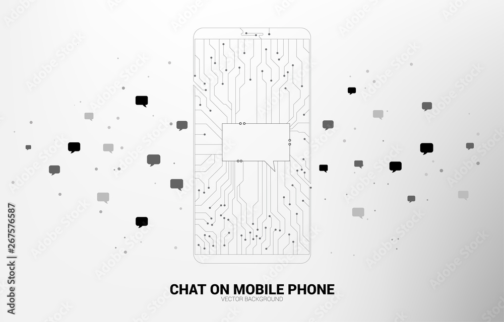 Leinwandbilder Vector chat bubble on mobile phone from dot connect line circuit board style. concept of communication network and chat bot technology.