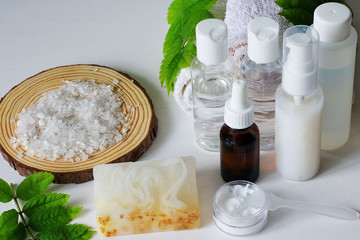 Beauty and fashion concept with spa set on white background