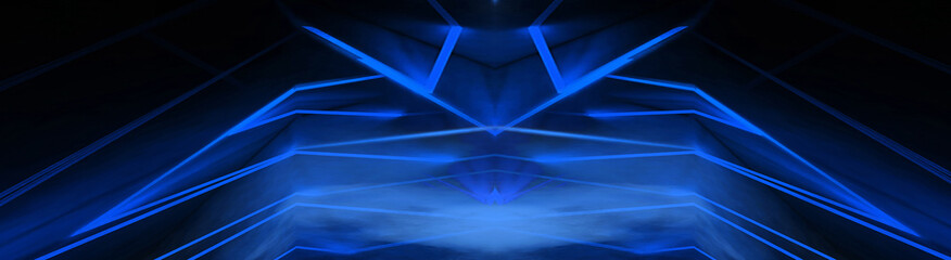 Obraz premium Tunnel in blue neon light, underground passage. Abstract blue background. Background of an empty black corridor with neon light. Abstract background with lines and glow