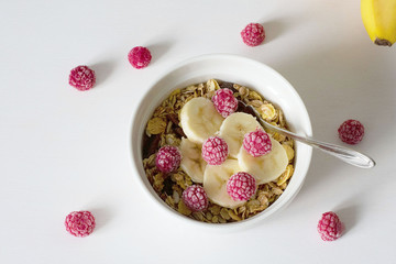 Healthy breakfast. Fresh granola on a white background