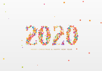 2020 New Year. Text of shiny colorful confetti, tinsel sparkles with bright serpentine.