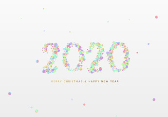 2020 New Year. Text of shiny gradient confetti, blue tinsel sparkles